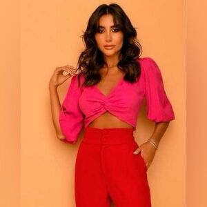 NWOT Jason Wu Twist Puffed Short Sleeve Hot Pink Cotton Poplin V Neck Crop Top